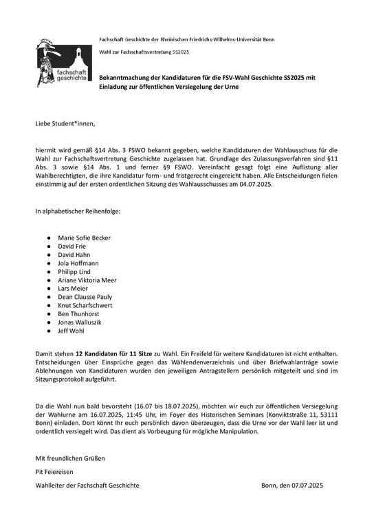 Bekanntmachung der Kandidaturen