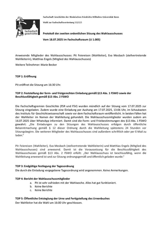 2. ordentliche Sitzung des Wahlausschuss